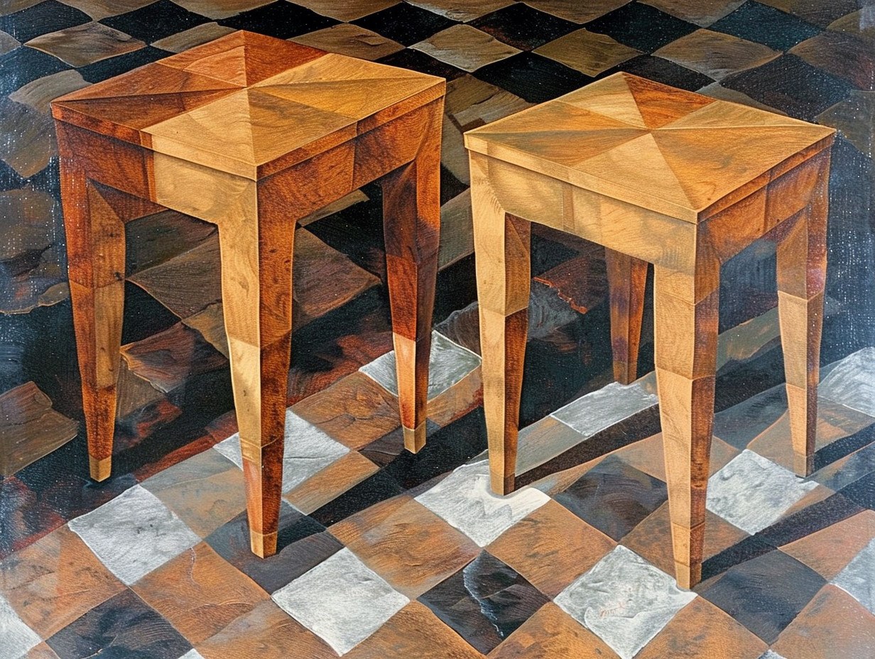 Illustration de l'illusion de la table de Shepard où deux tables de formes différentes semblent avoir des dimensions différentes, bien qu'elles soient identiques