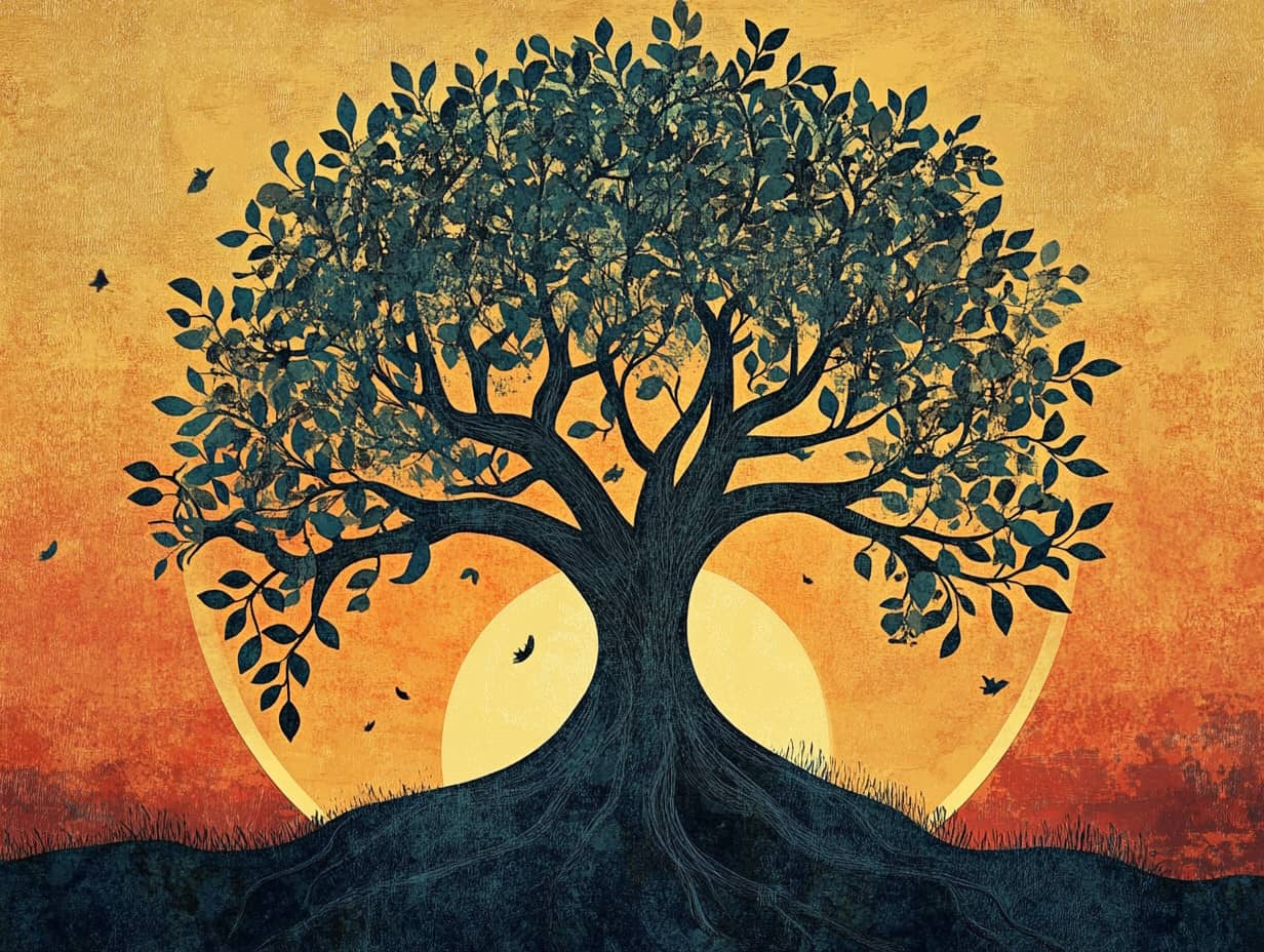 Illustration d'un arbre de vie entouré de symboles spirituels représentant l'unité universelle