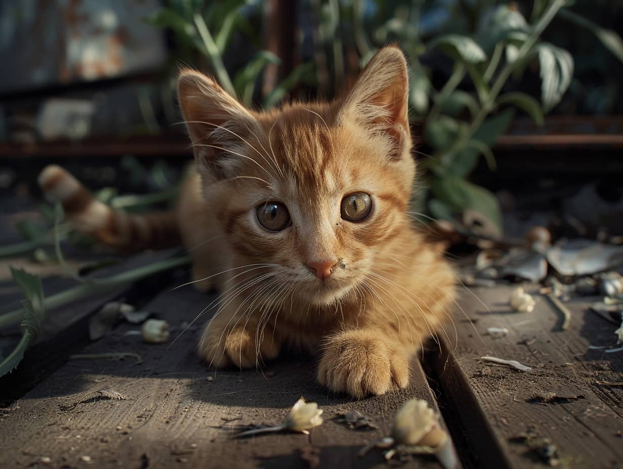 Chaton mignon explorant un jardin fleuri