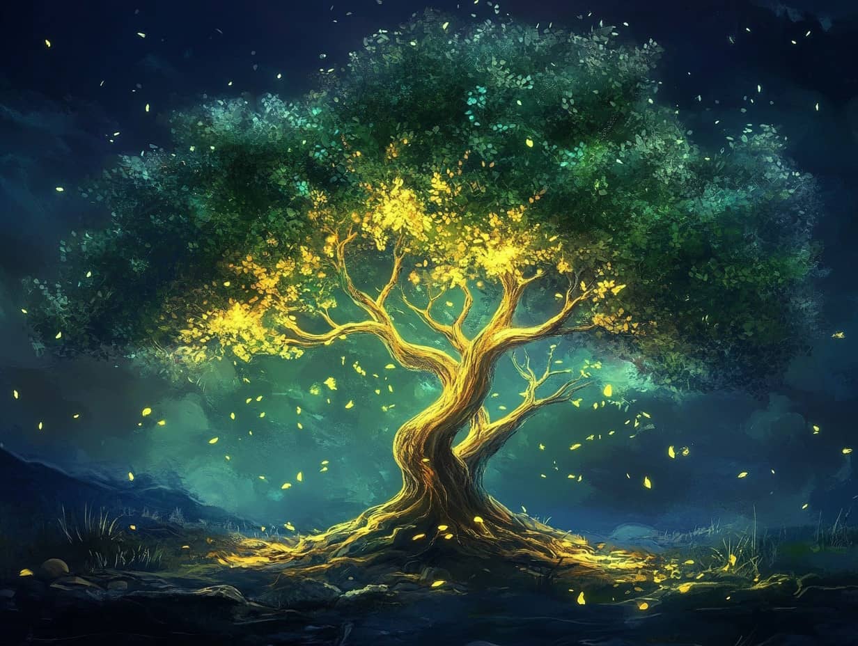 Illustration d'un arbre de vie entouré de symboles mystiques, représentant la sagesse et la spiritualité