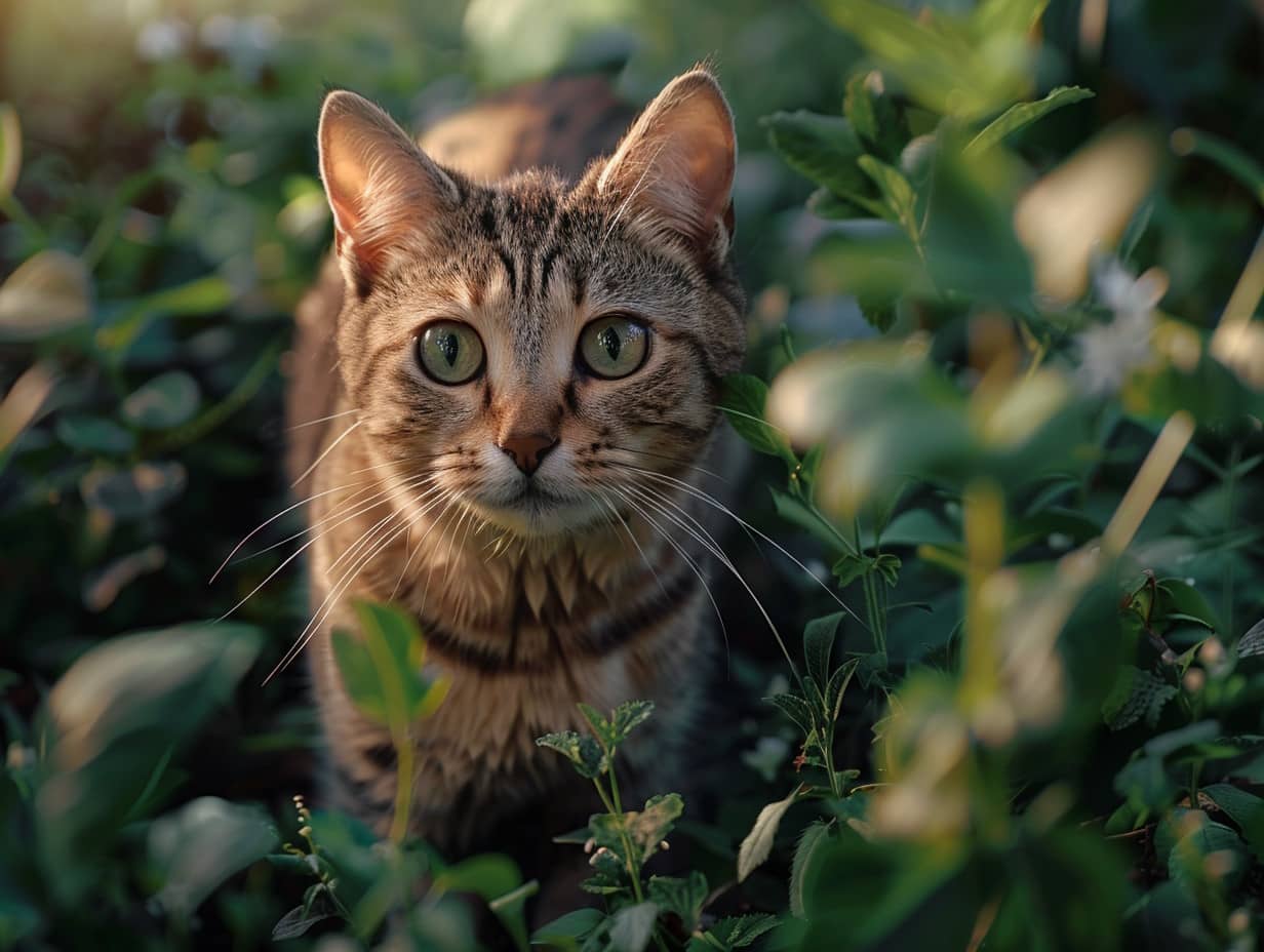 Chat mignon explorant un jardin ensoleillé