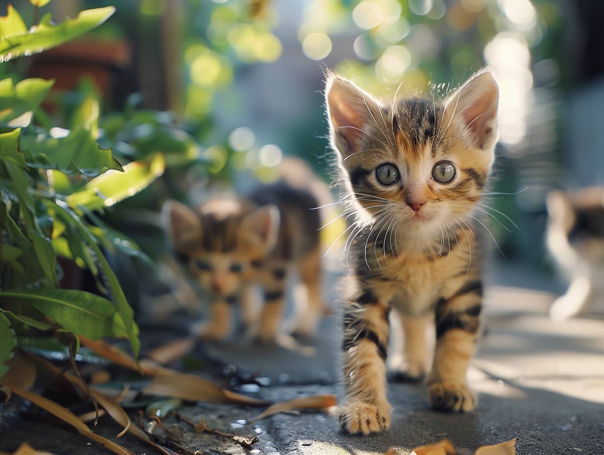 Chat mignon explorant un jardin ensoleillé