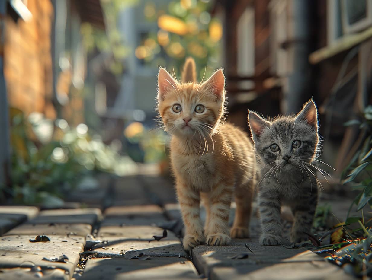 Chat mignon explorant un jardin ensoleillé