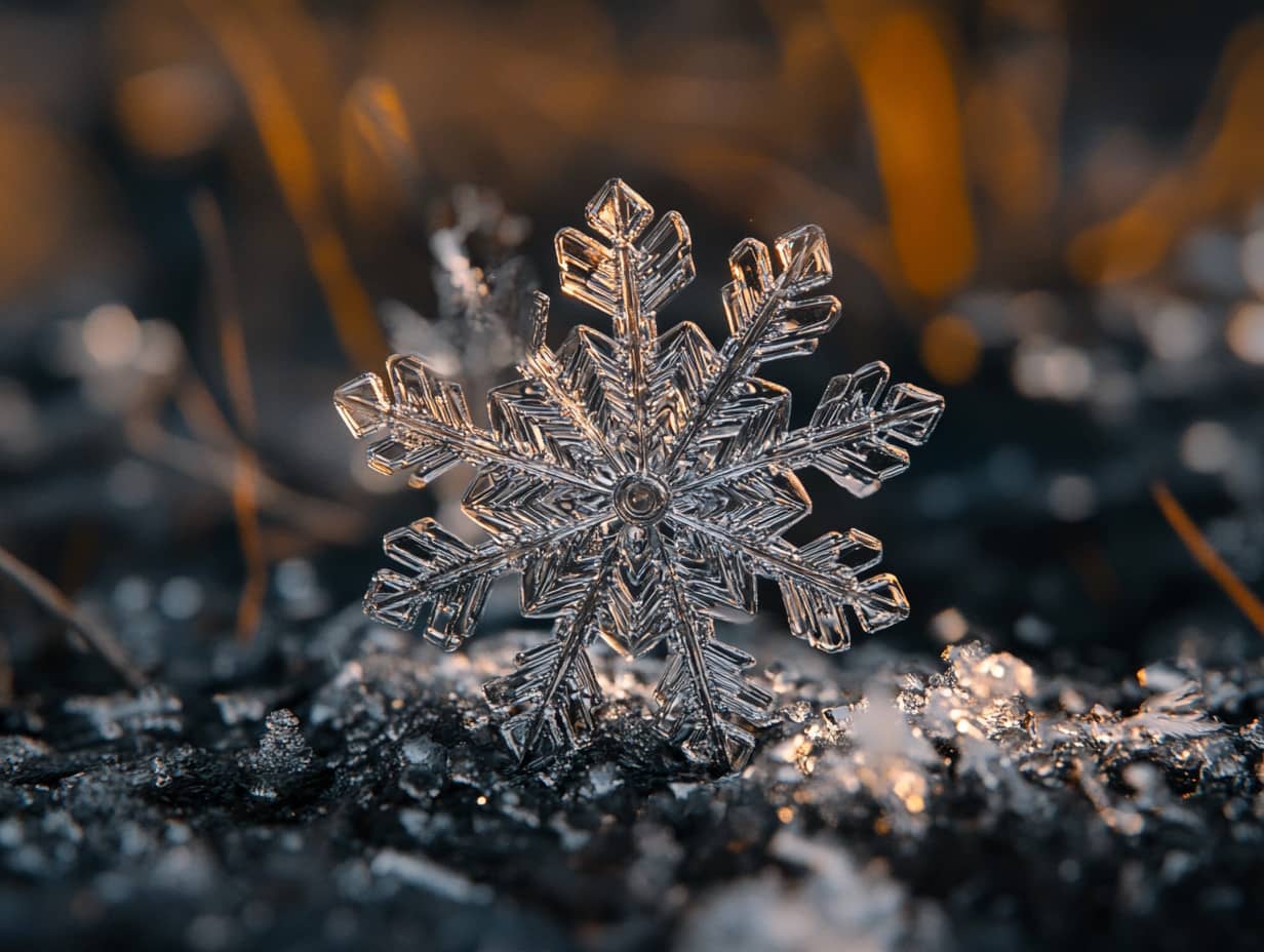 Flocon de neige avec des motifs en étoile, symbolisant la magie de l'hiver